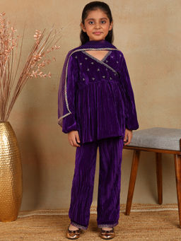 The Tribe Kids - Girls Purple Embroidered Velvet Kurti with Pant & Dupatta (Set of 3)