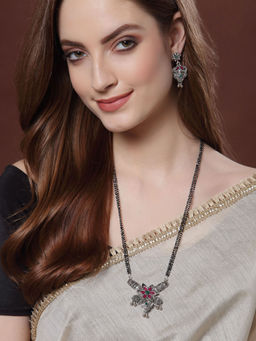 PANASH - Oxidized Silver-Plated Magenta-Pink Green Stone-Studded Mangalsutra With Earrings