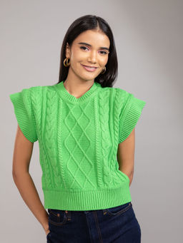 Twenty Dresses by Nykaa Fashion - Basics Pastel Green Solid Round Neck Sleeveless Sweater Top