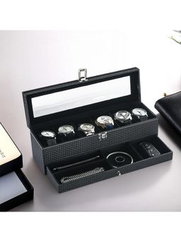 Kuber Industries - Checks Black Premium Faux Leather 6 Slots Wrist Watch Organiser Box