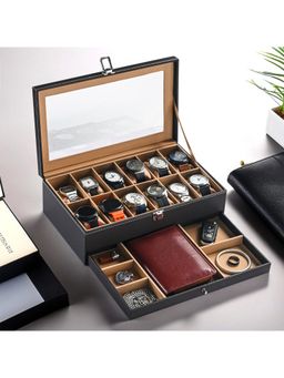 Kuber Industries - Black Premium Faux Leather 12 Slots Wrist Watch Organiser