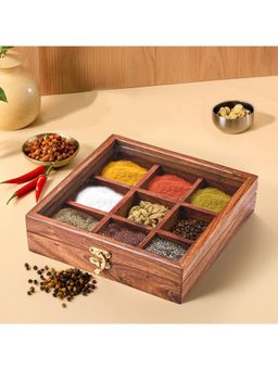 Kuber Industries - Sheesham Wood Spice Box with Top Glass Lid - Brown