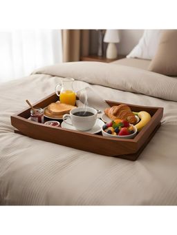 Kuber Industries - Brown Multipurpose Wooden Serving Tray Boat Shape Modern Style with Handle