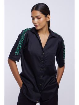 Pallavi Swadi - Black Solid Emerald Swarovski Ribbon Shirt