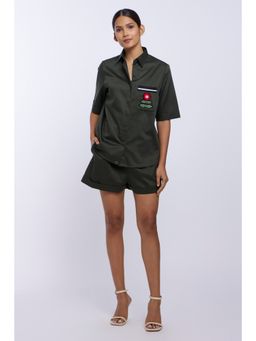 Pallavi Swadi - Olive Embroidered Flower Pocket Shorts Co-Ord (Set of 2)