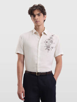 Arrow Newyork - Mens Floral Embroidered Boxton Relaxed Fit Shirt - Beige