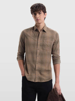 Arrow Sports - Mens Plaid Checked Chelsea Slim Fit Shirt - Brown