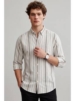 Peter England - Men Light Grey Slim Fit Striped Shirt