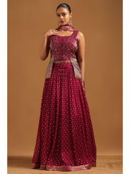 Soch - Womens Magenta Brocade Ghagra Choli with Ethnic Motifs Mirror Work