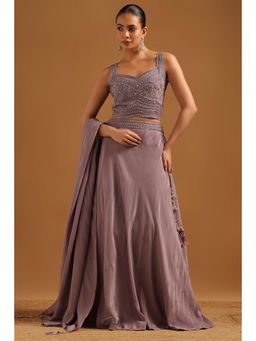 Soch - Womens Purple Crepe Ghagra Choli with Floral Print Cutdana