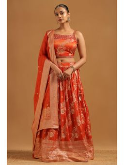Soch - Womens Rust Brocade Ghagra Kurti with Zari Woven Mirror and Stone