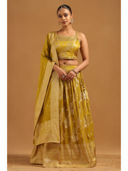 Soch - Womens Light Green Brocade Ghagra Kurti with Zari Woven Mirror and Stone