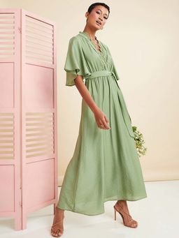 Styli - Green Short Sleeves Plain Wrap Maxi Dress With Tie Up (Set of 2)