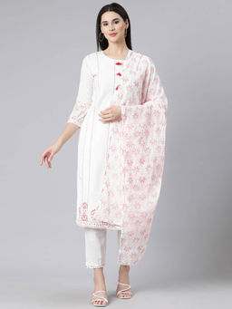 NEERU'S - White Red Panelled Straight Printed Kurta and Trousers with Dupatta (Set of 3)