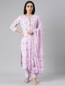 NEERU'S - Purple Regular Straight Floral Kurta and Trousers with Dupatta (Set of 3)