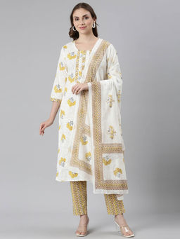 NEERU'S - Yellow Regular Straight Embroidered Kurta and Trousers (Set of 3)
