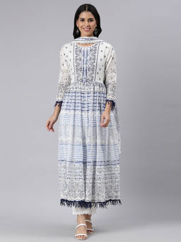 NEERU'S - Blue Pleated Curved Floral Kurta and Trousers with Dupatta (Set of 3)