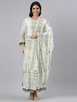 NEERU'S - Green Pleated Curved Floral Kurta and Trousers with Dupatta (Set of 3)