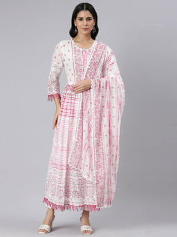 NEERU'S - Pink Pleated Curved Floral Kurta and Trousers with Dupatta (Set of 3)