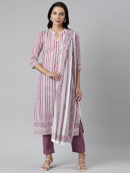 NEERU'S - Lavender Panelled Straight Printed Kurta and Trousers with Dupatta (Set of 3)