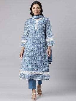 NEERU'S - Blue Panelled Straight Printed Kurta and Trousers with Dupatta (Set of 3)