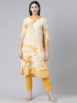 NEERU'S - Yellow Panelled Straight Floral Kurta and Trousers with Dupatta (Set of 3)