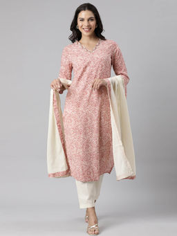 NEERU'S - Pink Panelled Straight Printed Kurta and Trousers with Dupatta (Set of 3)