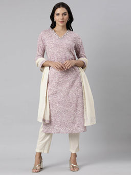 NEERU'S - Purple Panelled Straight Printed Kurta and Trousers with Dupatta (Set of 3)