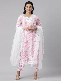 NEERU'S - Pink Panelled Straight Floral Kurta and Trousers with Dupatta (Set of 3)