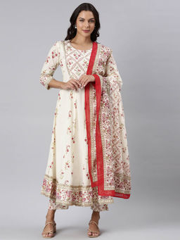 NEERU'S - Off White Panelled Straight Printed Kurta and Trousers with Dupatta (Set of 3)