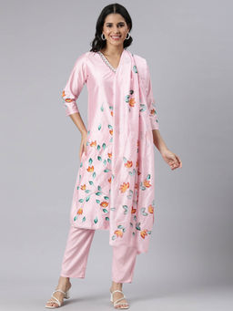 NEERU'S - Pink Regular Straight Floral Kurta and Trousers with Dupatta (Set of 3)