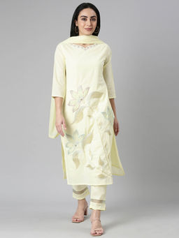 NEERU'S - Yellow Regular Straight Floral Kurta and Trousers with Dupatta (Set of 3)