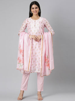 NEERU'S - Pink Regular Straight Floral Kurta and Trousers with Dupatta (Set of 3)