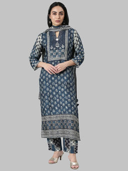 NEERU'S - Blue Regular Straight Floral Kurta and Trousers with Dupatta (Set of 3)