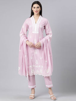 NEERU'S - Pink Panelled Straight Yoke Design Kurta and Trousers with Dupatta (Set of 3)