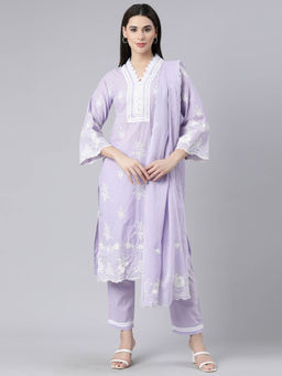 NEERU'S - Lavender Panelled Straight Yoke Design Kurta and Trousers with Dupatta (Set of 3)