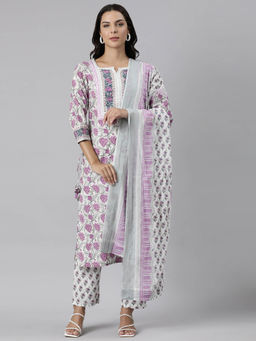 NEERU'S - Purple Panelled Straight Floral Kurta and Trousers with Dupatta (Set of 3)