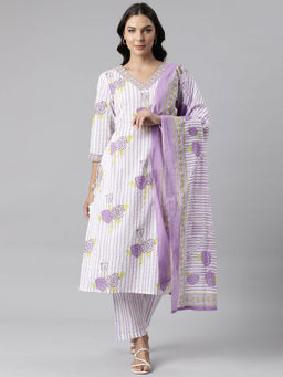 NEERU'S - Purple Panelled Straight Printed Kurta and Trousers with Dupatta (Set of 3)