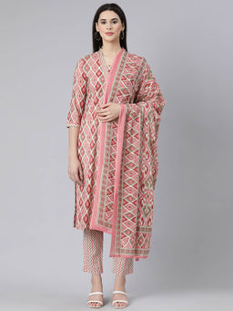 NEERU'S - Pink Panelled Straight Printed Kurta and Trousers with Dupatta (Set of 3)
