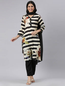 NEERU'S - Beige Regular Straight Printed Kurta and Trousers with Dupatta (Set of 3)