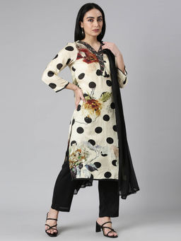 NEERU'S - Beige Regular Straight Floral Kurta and Trousers with Dupatta (Set of 3)