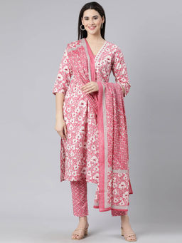 NEERU'S - Pink Panelled Straight Floral Kurta and Trousers with Dupatta (Set of 3)