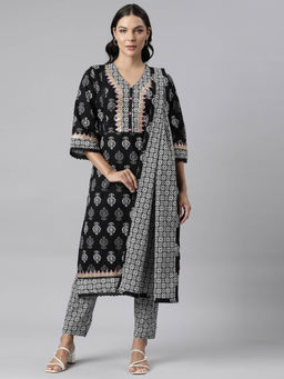 NEERU'S - Black Panelled Straight Printed Kurta and Trousers with Dupatta (Set of 3)