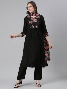 NEERU'S - Black Regular Straight Floral Kurta and Trousers with Dupatta (Set of 3)