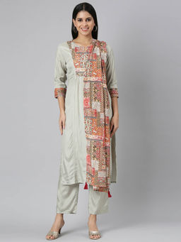 NEERU'S - Grey Regular Straight Floral Kurta and Trousers with Dupatta (Set of 3)