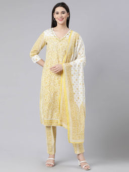 NEERU'S - Yellow Panelled Straight Printed Kurta and Trousers with Dupatta (Set of 3)