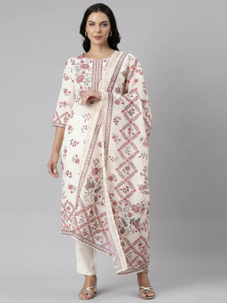 NEERU'S - Off White Panelled Straight Floral Kurta and Trousers with Dupatta (Set of 3)