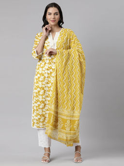 NEERU'S - Yellow Panelled Straight Printed Kurta and Trousers with Dupatta (Set of 3)