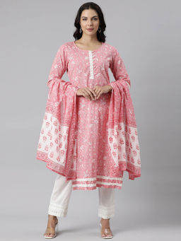 NEERU'S - Pink Panelled Straight Floral Kurta and Trousers with Dupatta (Set of 3)