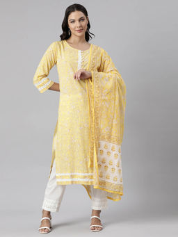 NEERU'S - Yellow Panelled Straight Floral Kurta and Trousers with Dupatta (Set of 3)